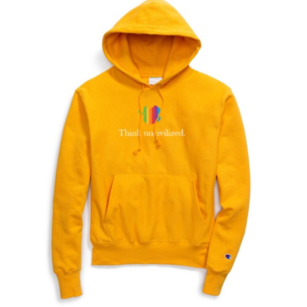 Uncivilized Mens Hooded Sweatshirt Embroidered 'Think Uncivilized' Gold Size L